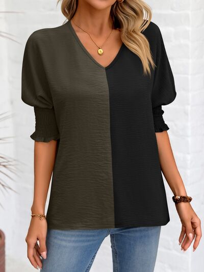 Contrast V-Neck Lantern Sleeve Blouse - Body By J'ne