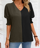 Contrast V-Neck Lantern Sleeve Blouse - Body By J'ne