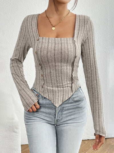 Ribbed Decorative Button Long Sleeve T-Shirt - Body By J'ne