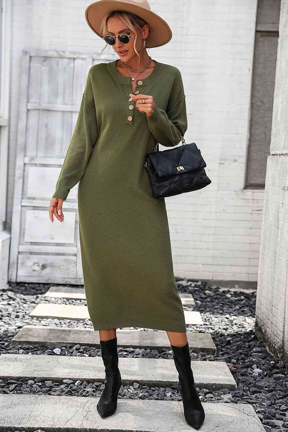 Notched Neck Dropped Shoulder Button-Down Midi Dress - Body By J'ne