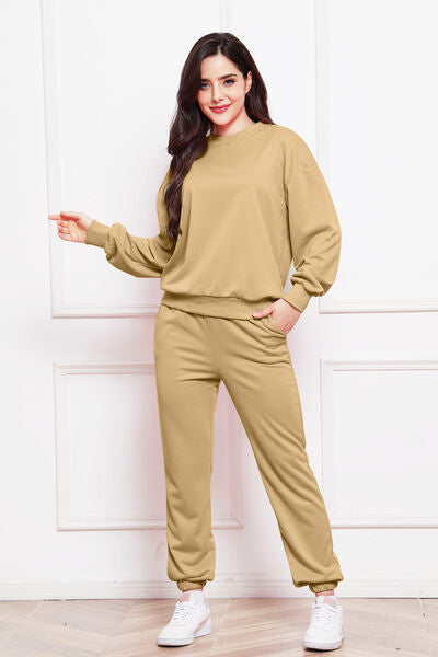 Round Neck Long Sleeve Sweatshirt and Pants Set - Body By J'ne