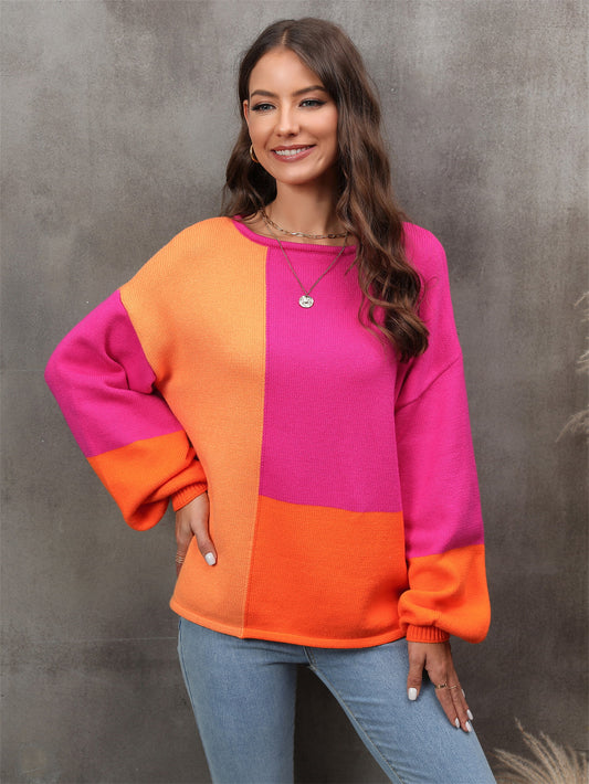 Color Block Round Neck Dropped Shoulder Sweater - Body By J'ne