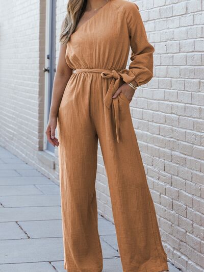 Texture Single Shoulder Tie-Waist Jumpsuit - Body By J'ne