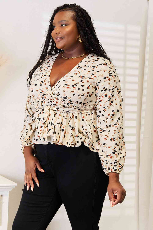 Double Take Printed Tied Plunge Peplum Blouse - Body By J'ne