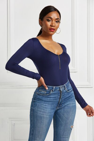 Half Zip Scoop Neck Long Sleeve Bodysuit - Body By J'ne