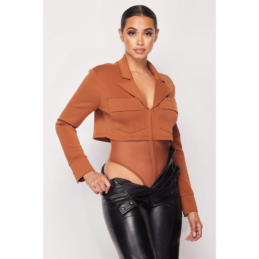 Deep-v Cropped Power Shoulder Blazer Bodysuit - Body By J'ne