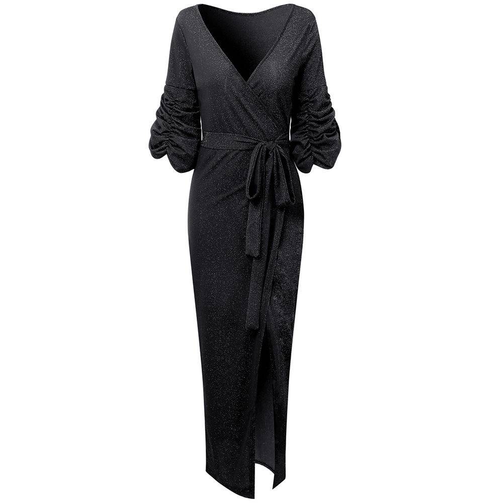 Deep V Ruching Short Sleeve Split Maxi Dress with Belt - Body By J'ne