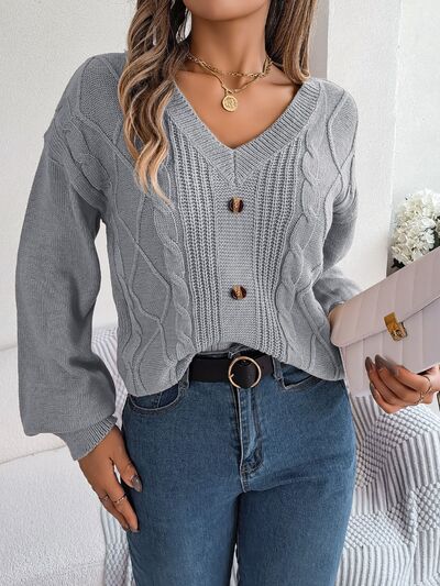 Cable-Knit Buttoned V-Neck Sweater - Body By J'ne