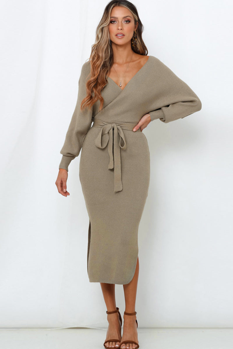 Surplice Neck Bow Waist Slit Sweater Dress - Body By J'ne
