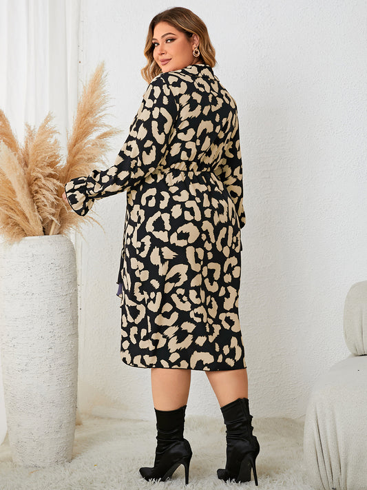 Plus Size Leopard Surplice Neck Flounce Sleeve Dress - Body By J'ne