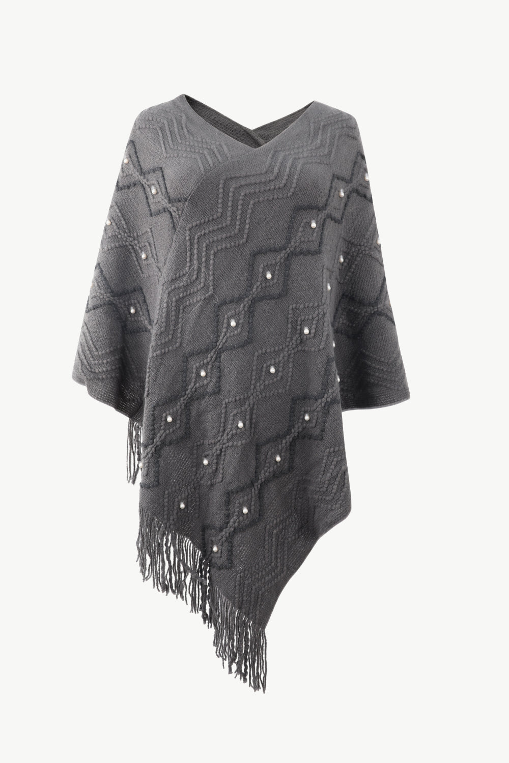 Pearl Trim V-Neck Fringe Hem Poncho - Body By J'ne