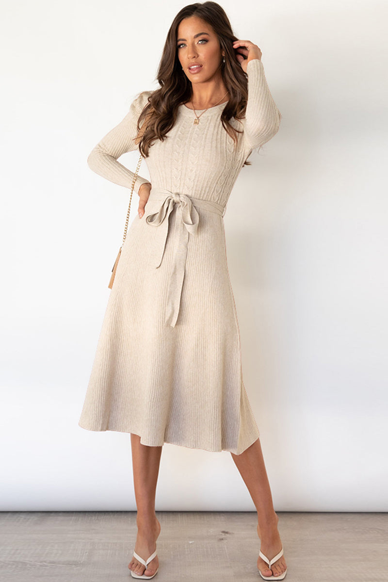 Round Neck Long Sleeve Tie Waist Sweater Dress - Body By J'ne