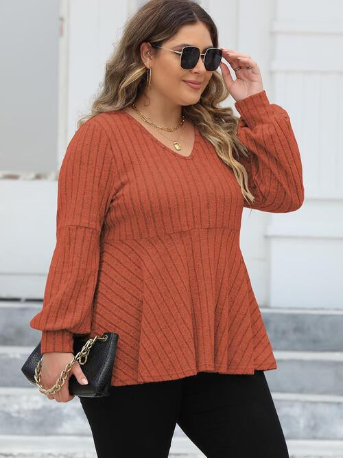 Plus Size Ribbed V-Neck Long Sleeve Blouse - Body By J'ne