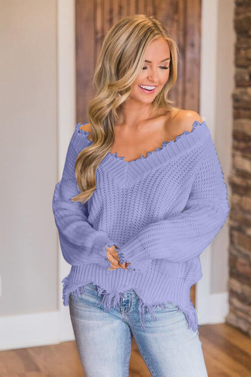 Frayed Hem Dropped Shoulder Sweater - Body By J'ne