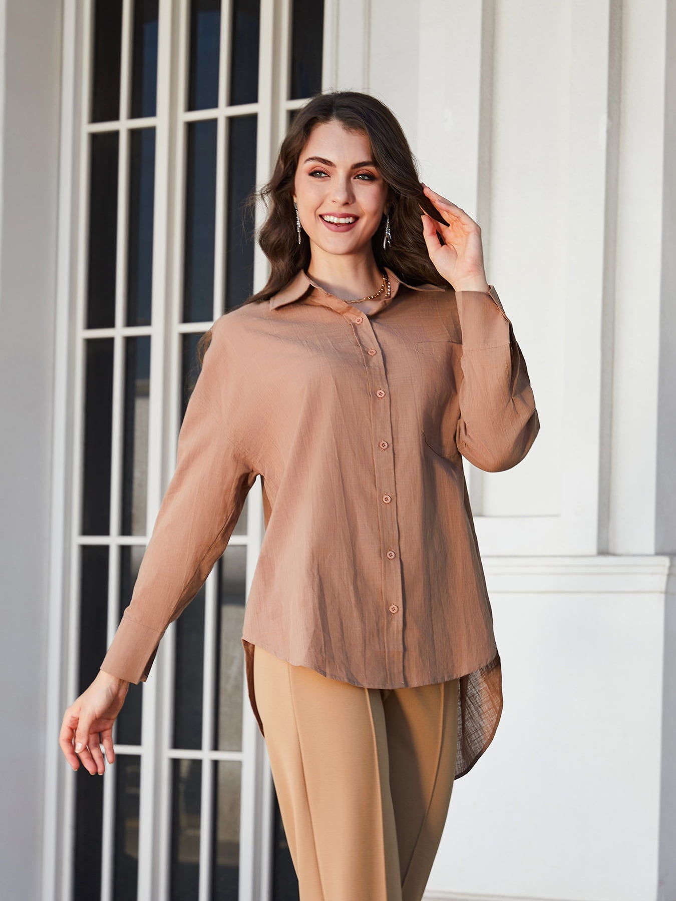 Dropped Shoulder Collared High-Low Shirt - Body By J'ne