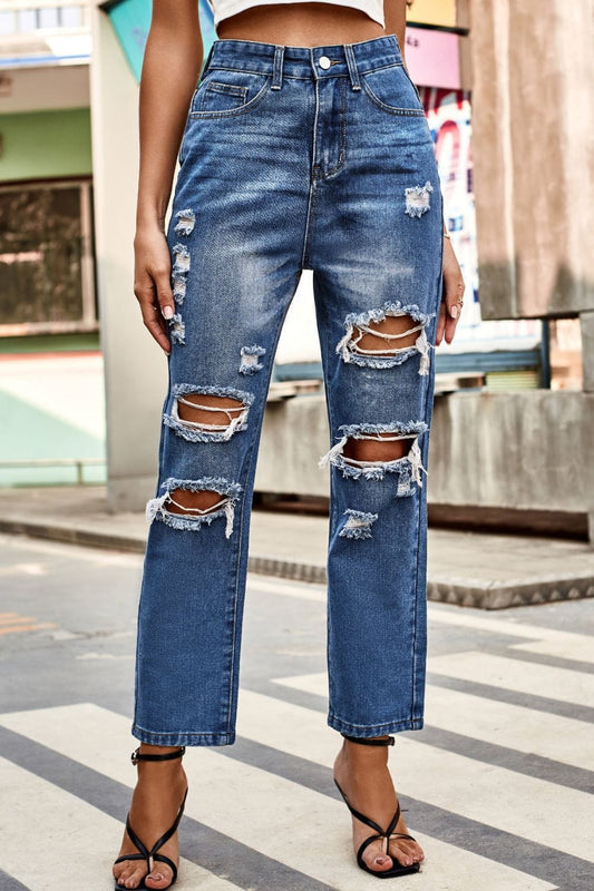 Distressed Buttoned Jeans with Pockets - Body By J'ne