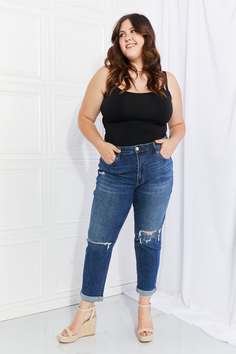 Distressed Cropped Jeans with Pockets - Body By J'ne