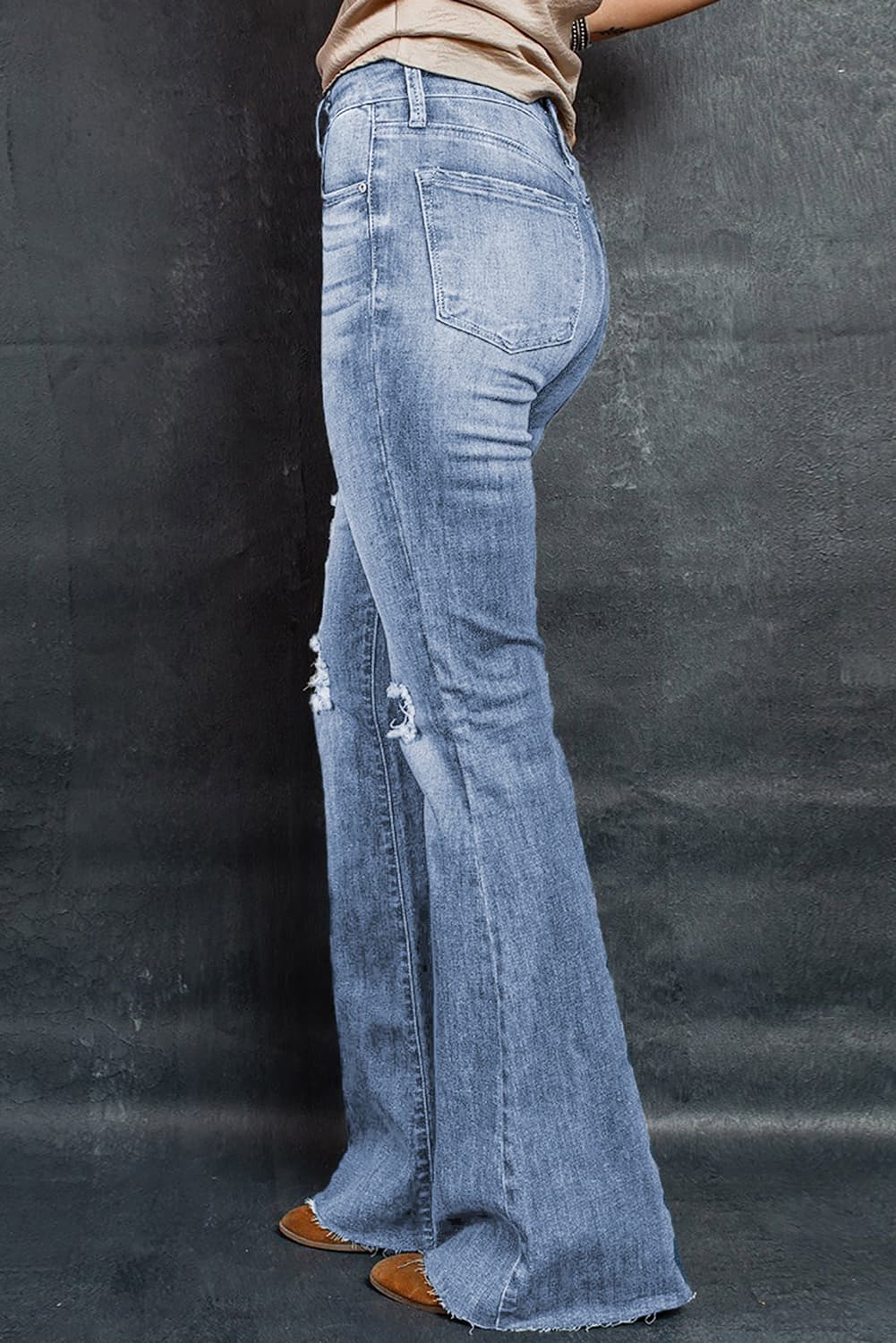 Distressed Raw Hem Flare Jeans - Body By J'ne