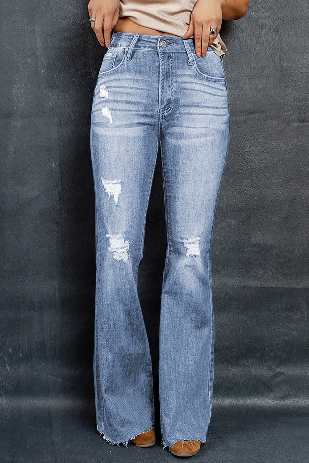 Distressed Raw Hem Flare Jeans - Body By J'ne