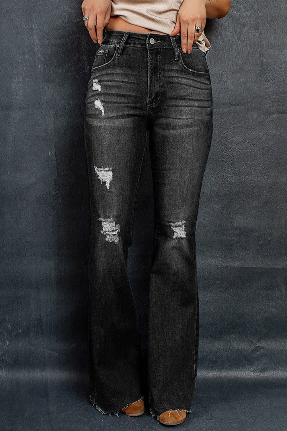 Distressed Raw Hem Flare Jeans - Body By J'ne