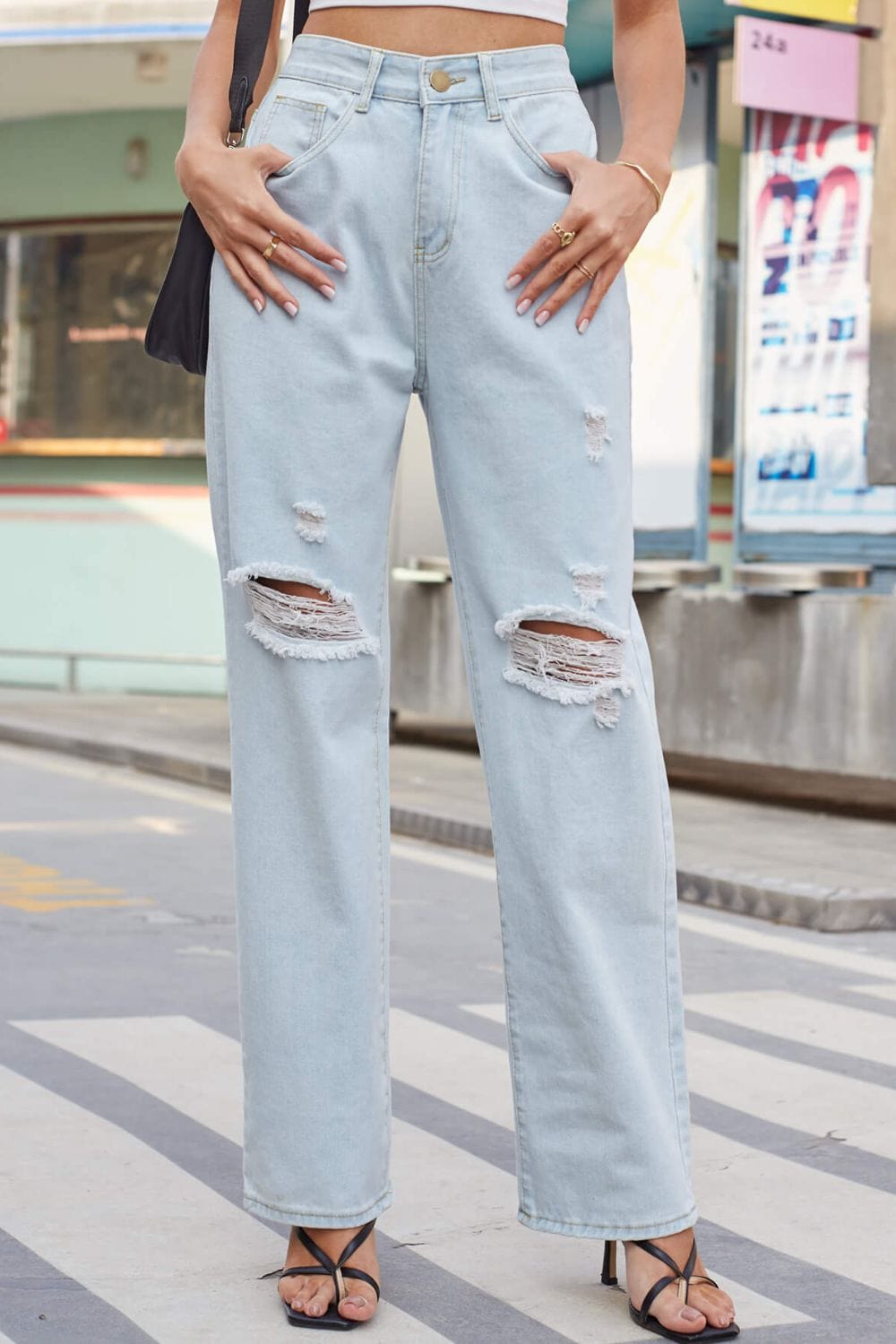 Distressed Straight Leg Jeans with Pockets - Body By J'ne