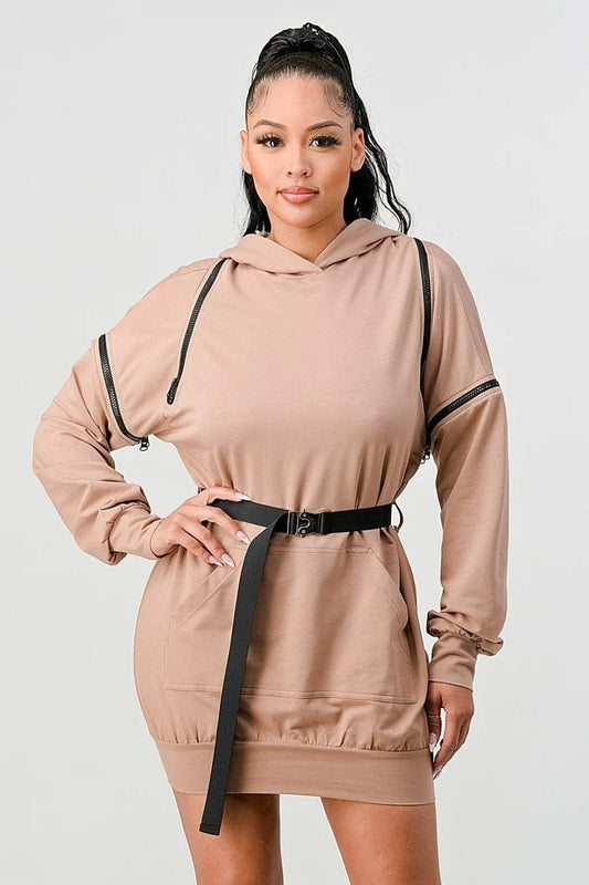 Double Zipper Long Sleeve Hooded Mini Dress - Body By J'ne