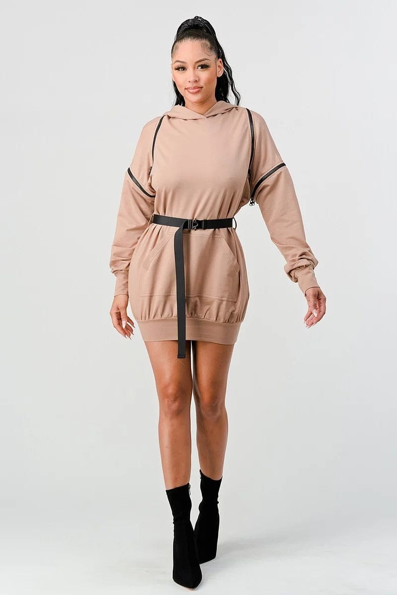 Double Zipper Long Sleeve Hooded Mini Dress - Body By J'ne