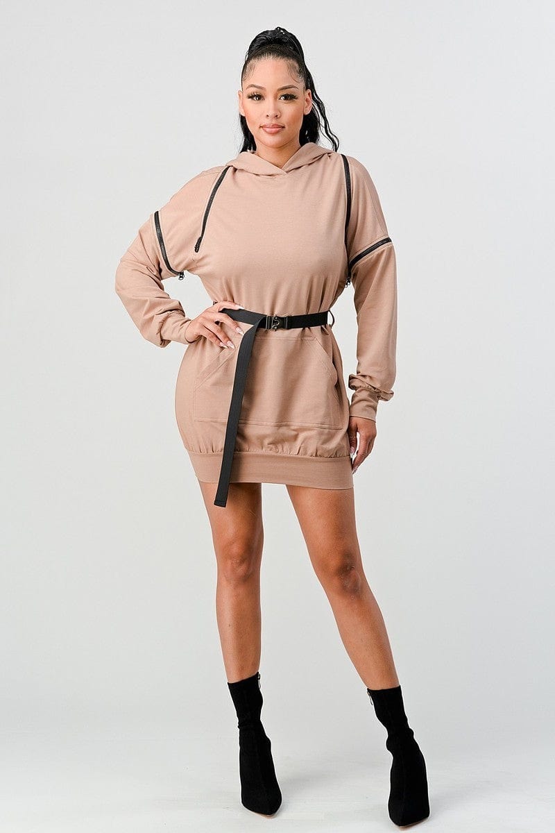 Double Zipper Long Sleeve Hooded Mini Dress - Body By J'ne