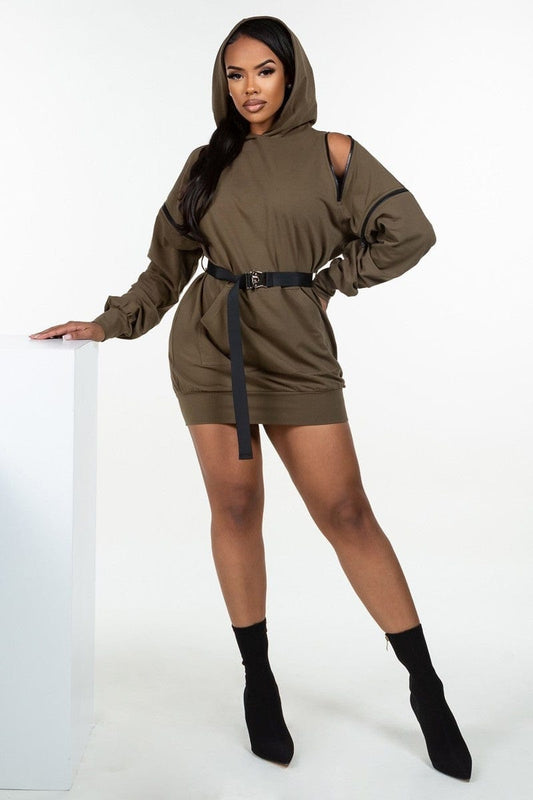 Double Zipper Long Sleeve Hooded Mini Dress - Body By J'ne