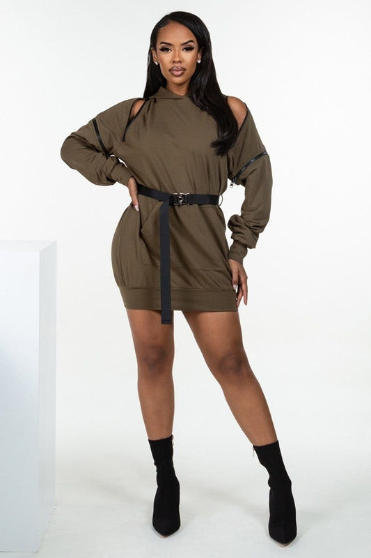 Double Zipper Long Sleeve Hooded Mini Dress - Body By J'ne