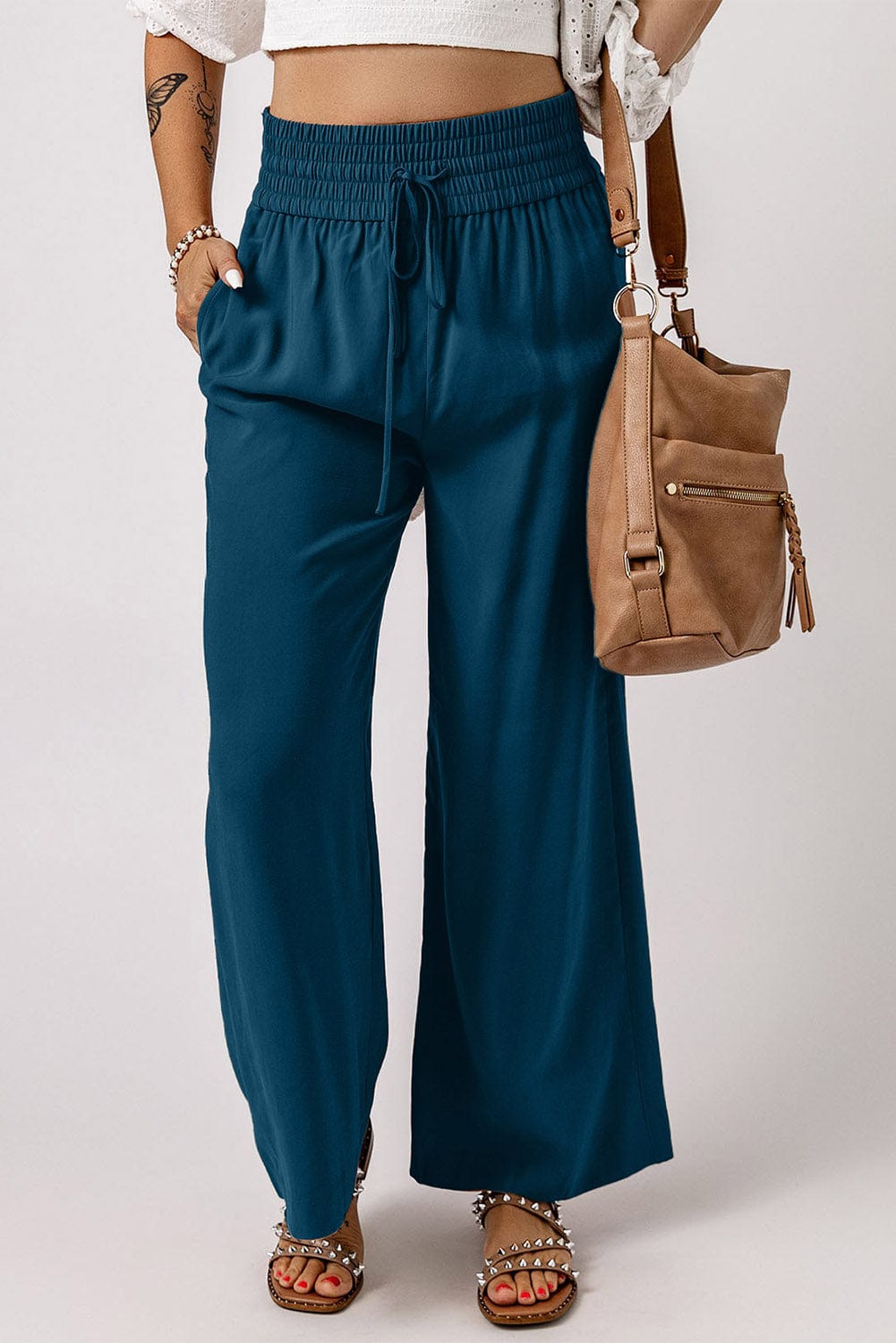Drawstring Smocked Waist Wide Leg Pants - Body By J'ne