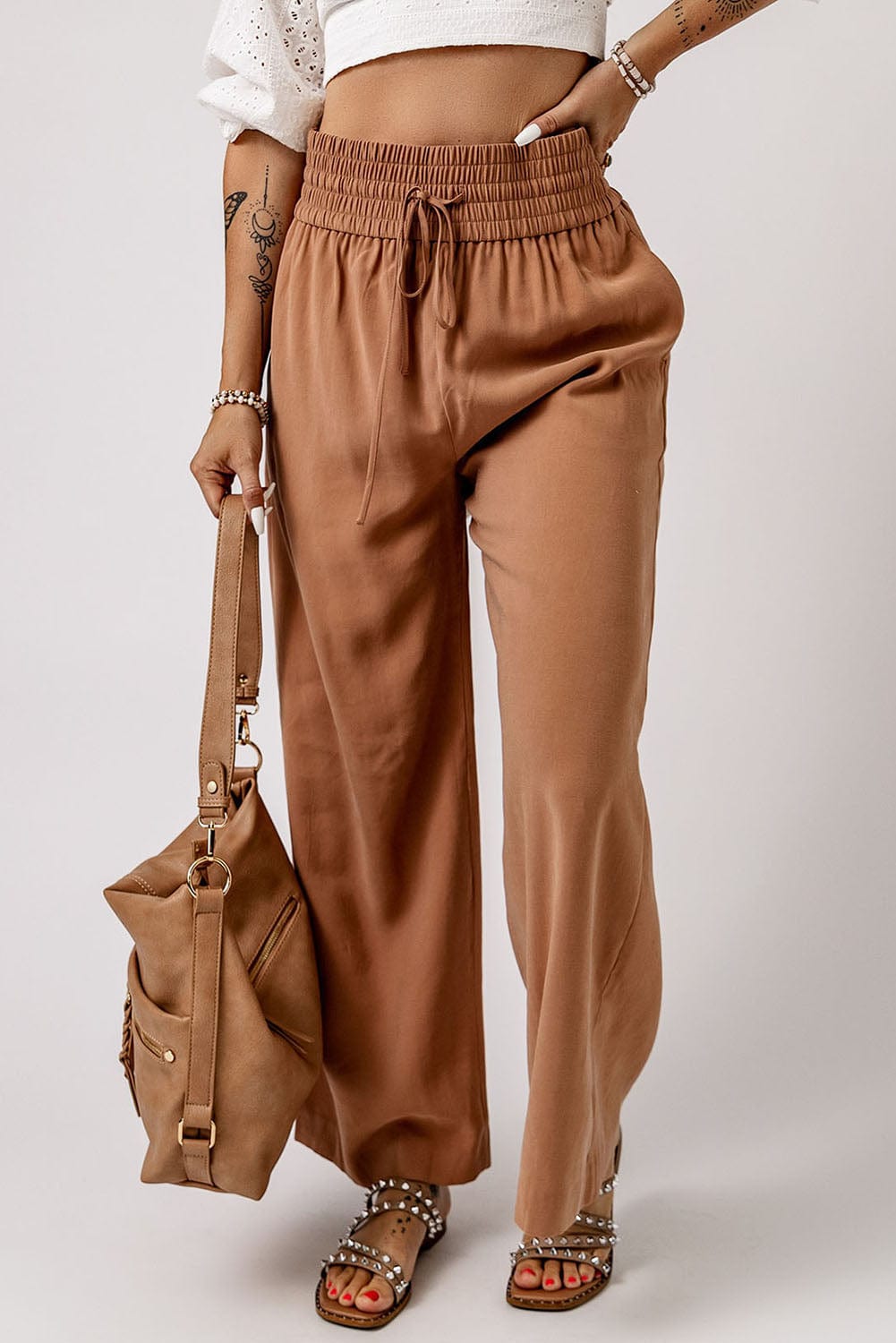 Drawstring Smocked Waist Wide Leg Pants - Body By J'ne