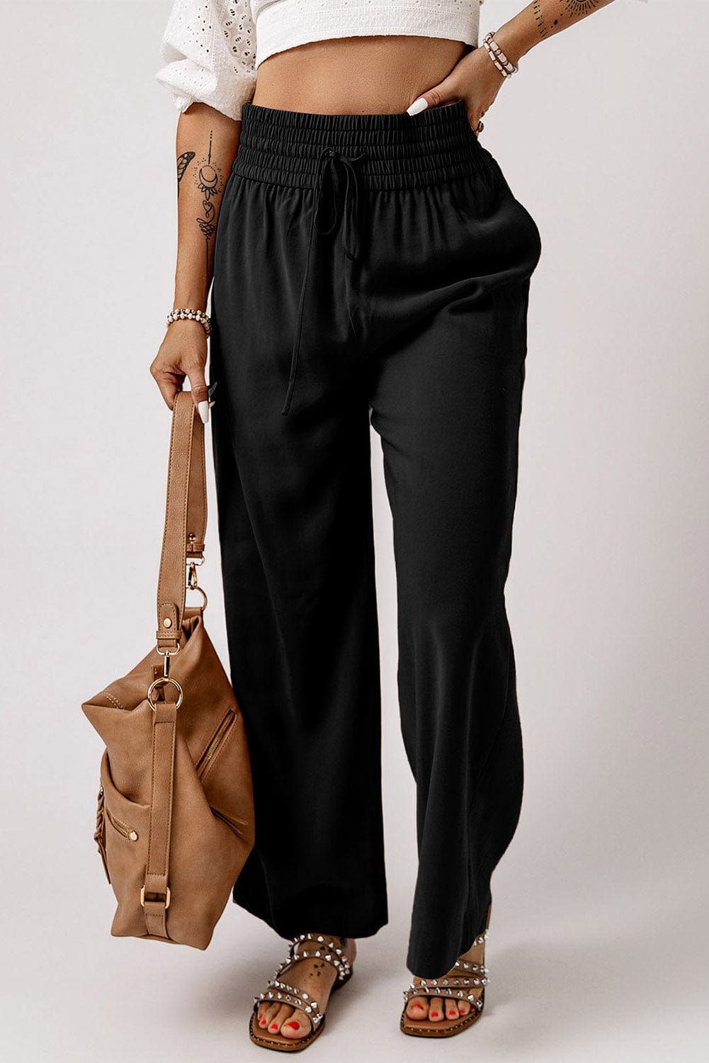 Drawstring Smocked Waist Wide Leg Pants - Body By J'ne