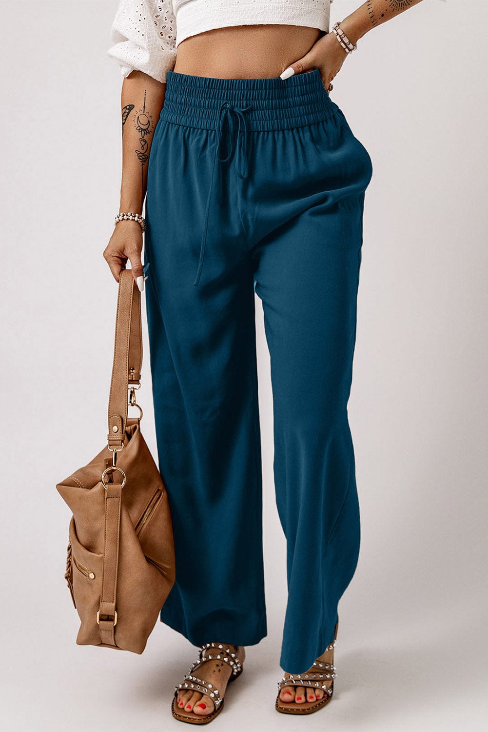 Drawstring Smocked Waist Wide Leg Pants - Body By J'ne