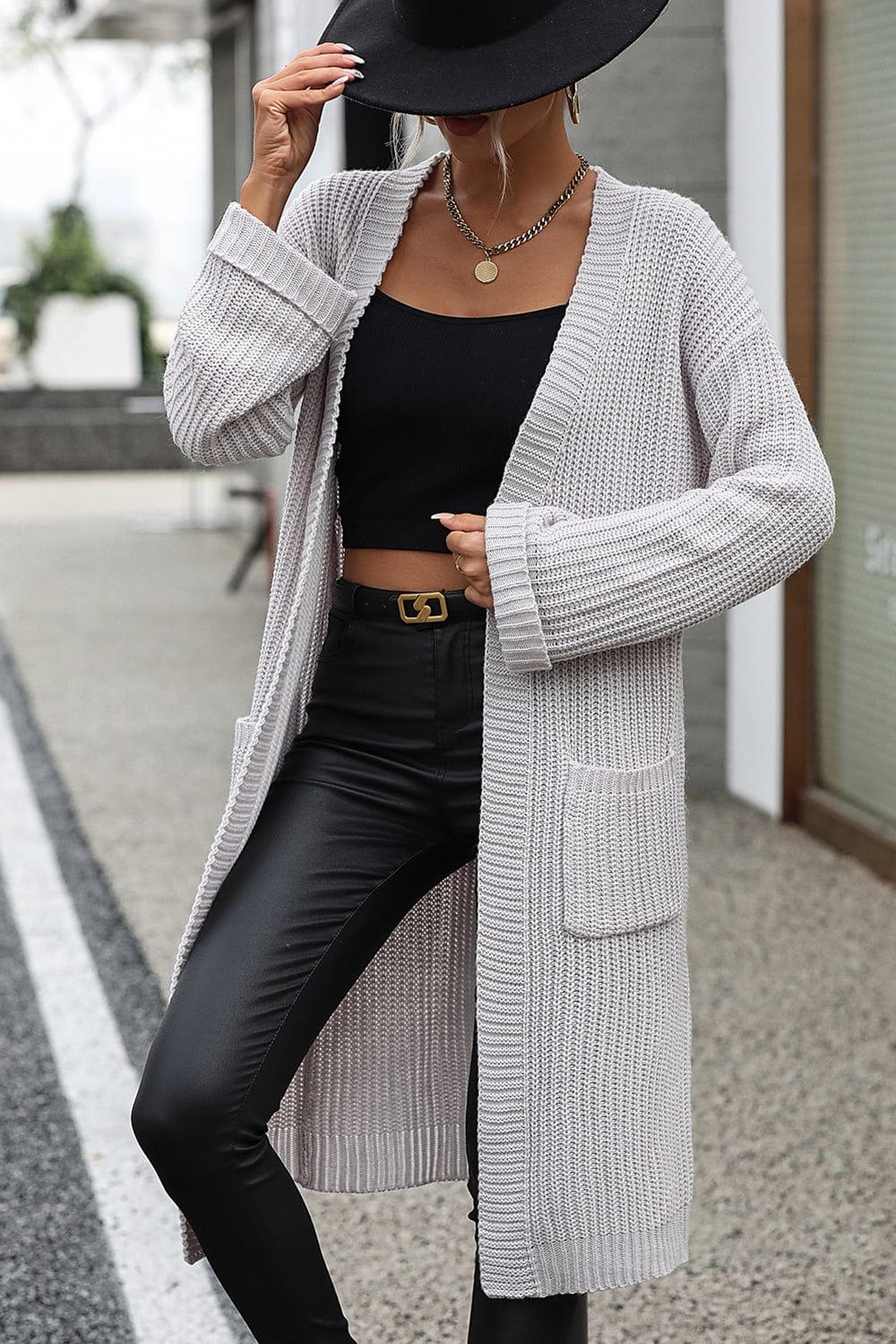 Dropped Shoulder Long Sleeve Cardigan with Pocket - Body By J'ne