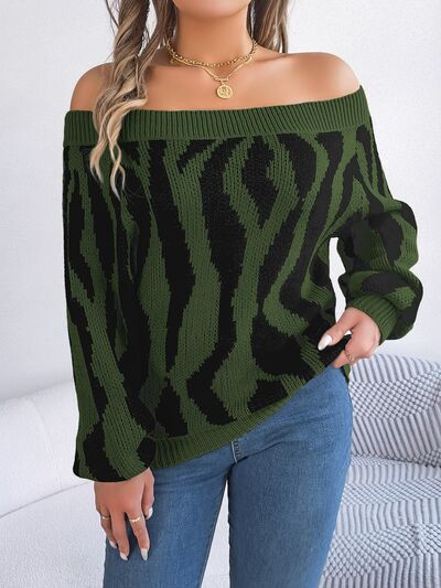 Off-Shoulder Animal Print Long Sleeve Sweater - Body By J'ne