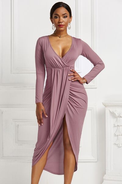 High-low Ruched Surplice Long Sleeve Dress - Body By J'ne