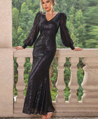 Sequin V-Neck Lantern Sleeve Maxi Dress - Body By J'ne