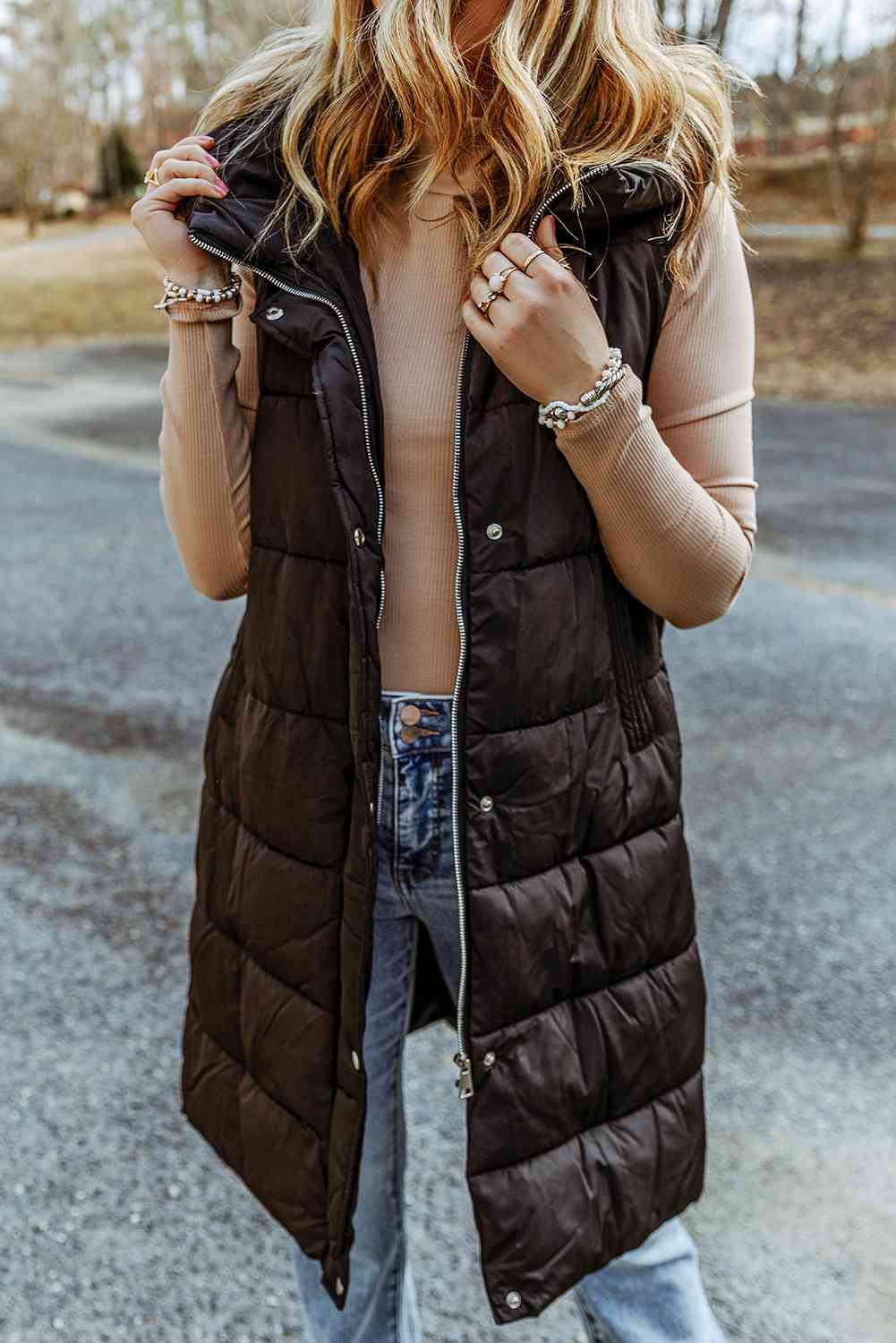 Longline Hooded Sleeveless Puffer Vest - Body By J'ne