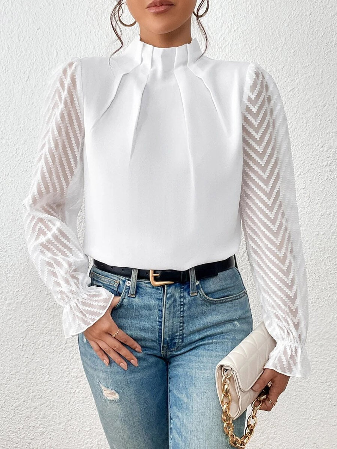 Mock Neck Flounce Sleeve Blouse - Body By J'ne