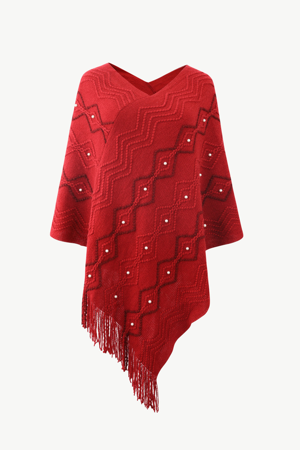 Pearl Trim V-Neck Fringe Hem Poncho - Body By J'ne