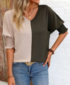 Contrast V-Neck Lantern Sleeve Blouse - Body By J'ne