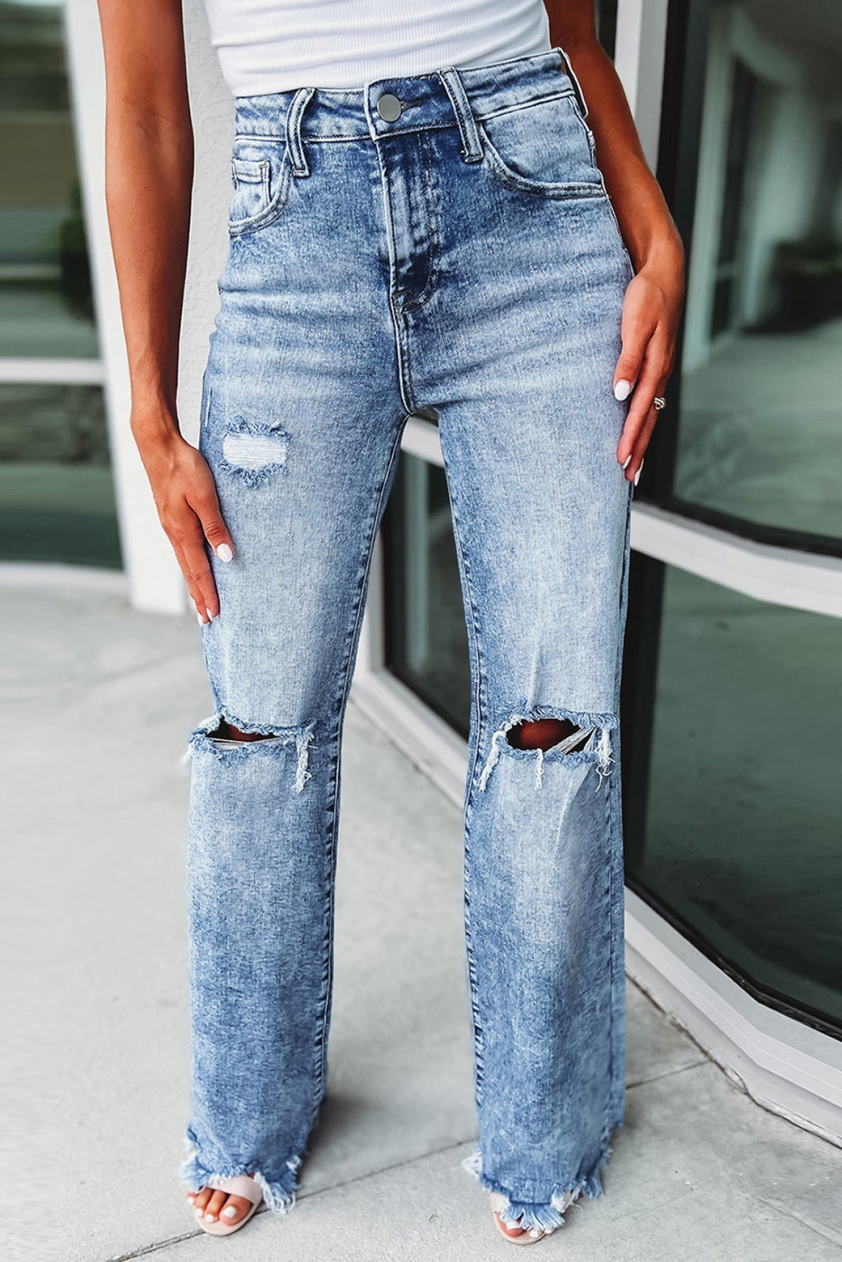 Sky Blue Washed Ripped Wide Leg High Waist Jeans - Body By J'ne