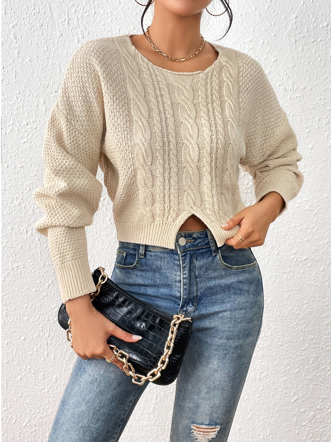 Cable-Knit Slit Drop Shoulder Sweater - Body By J'ne