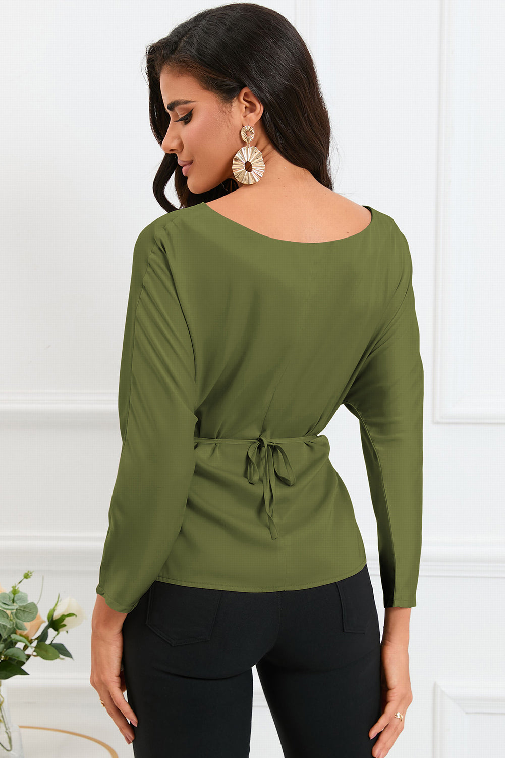 Boat Neck Back Tie Long Sleeve Satin Blouse - Body By J'ne