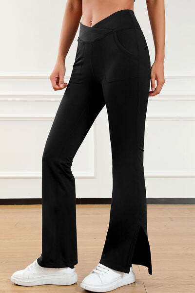 Wide Waistband Slit Bootcut Active Pants - Body By J'ne