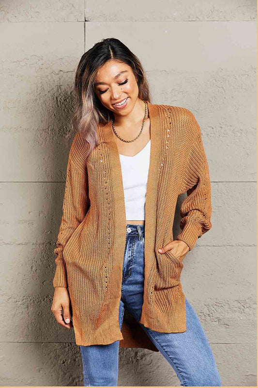 Openwork Rib-Knit Slit Cardigan - Body By J'ne