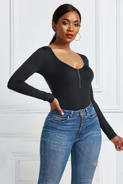 Half Zip Scoop Neck Long Sleeve Bodysuit - Body By J'ne