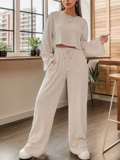 Ribbed Round Neck Top and Drawstring Pants Set - Body By J'ne