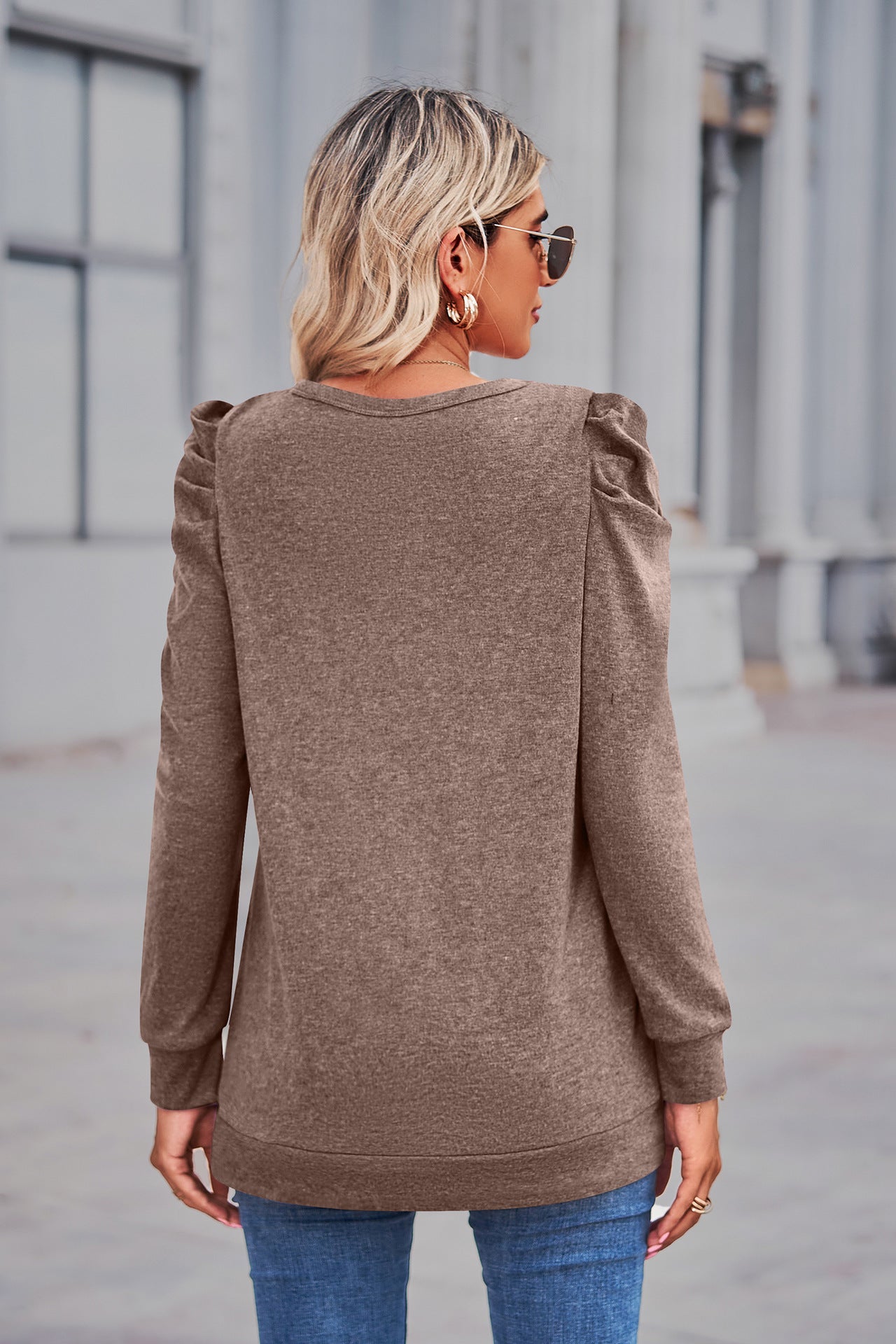 Heathered Puff Sleeve Round Neck Tunic Top - Body By J'ne